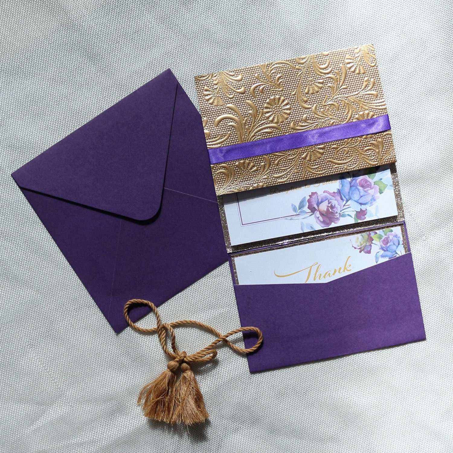 Purple Wedding Invitation Card with Tassel Square Embossing Invitation Customized 